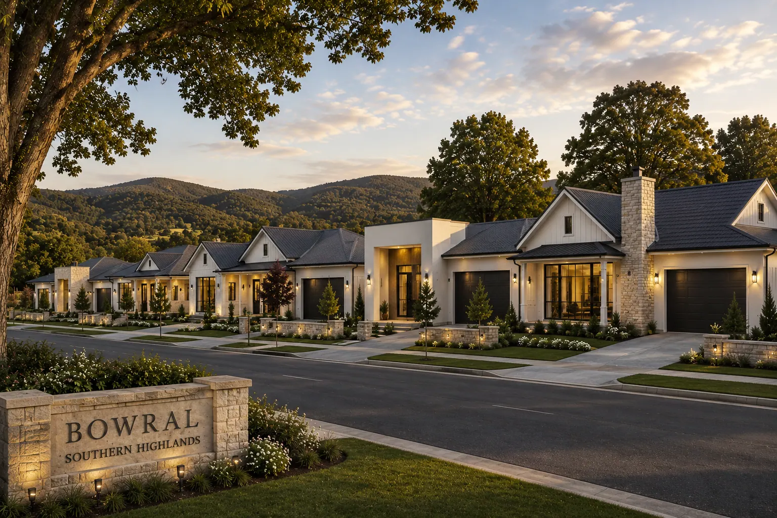 A Bowral street lined with new homes, with a stone entry sign in the foreground