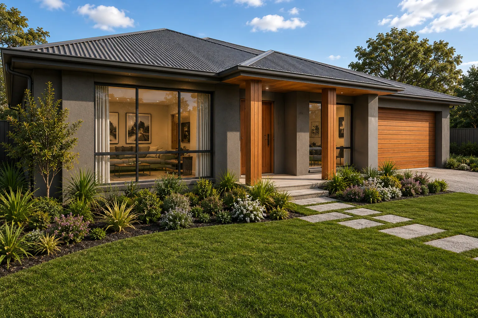 A contemporary single-storey family home with a timber entry and a landscaped front garden