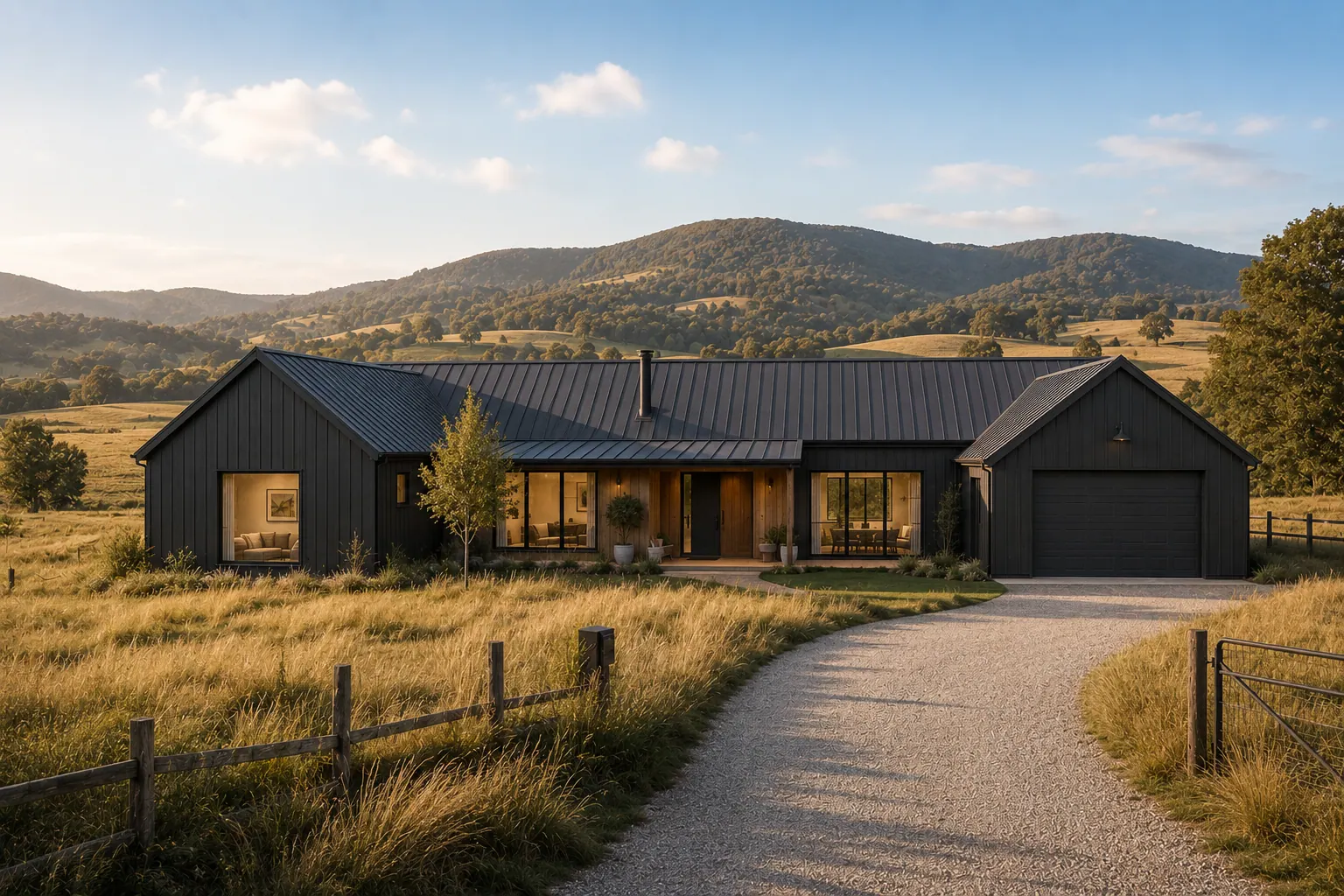 A low country home with timber cladding and a metal roof, set in open grassland