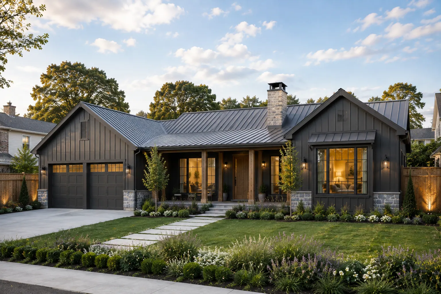 A single-storey home with a hedged front garden and a stepped entry path