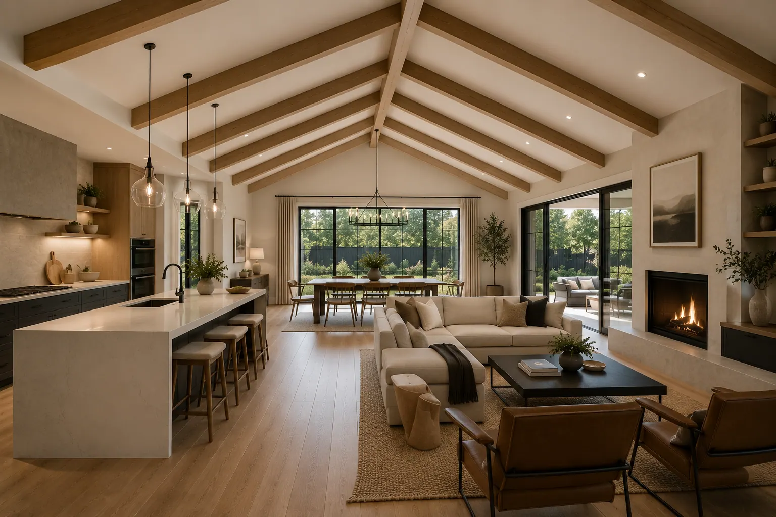 An open-plan living area with exposed timber beams, a fireplace and a kitchen island