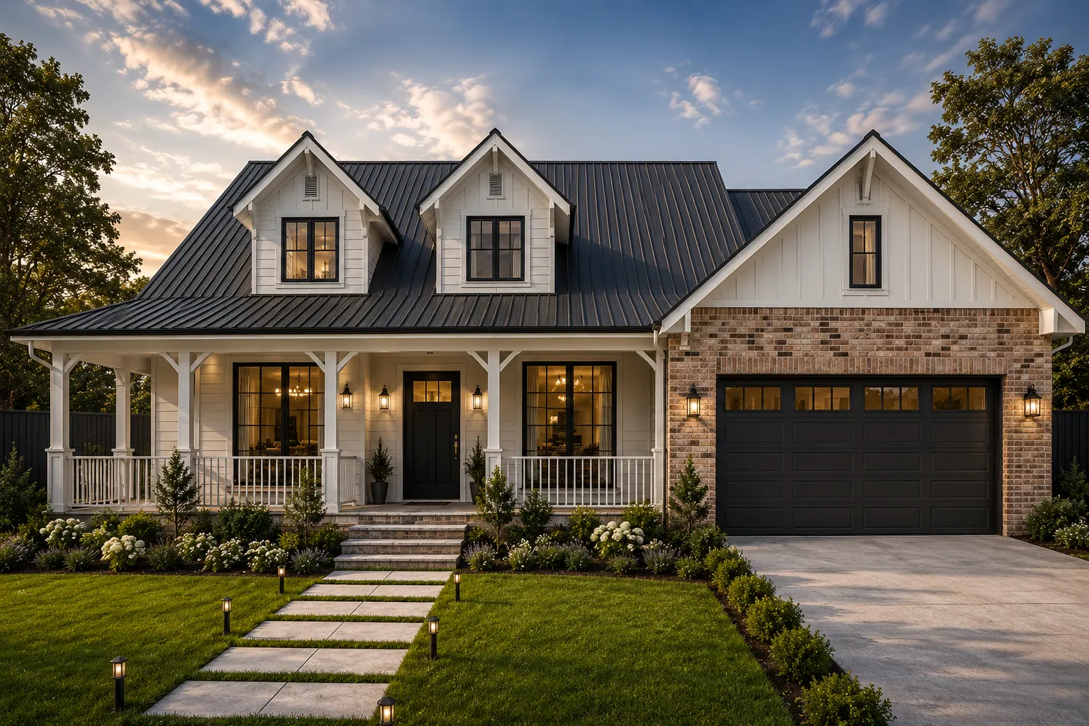 A white board-and-batten farmhouse-style home with a front verandah and dormer windows