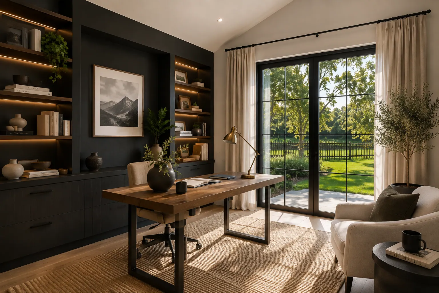 A home study with a timber desk, built-in shelving and a garden view